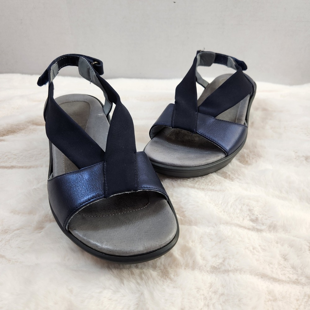 Naot Muscat Metallic Navy Leather Wedge Sandals Womens 39 Elastic Straps 8-8.5